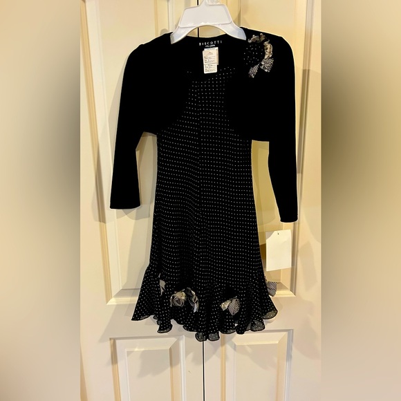 NWT Biscotti, Girls Black and White Polka Dot Dress w/Shrug,